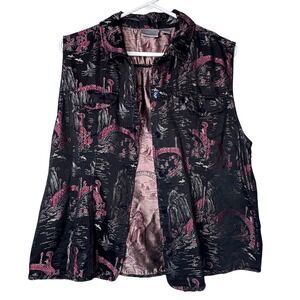Chicos Size 3 Silk Blend Scenic Jacquard Sleeveless Button Down Black Top Art